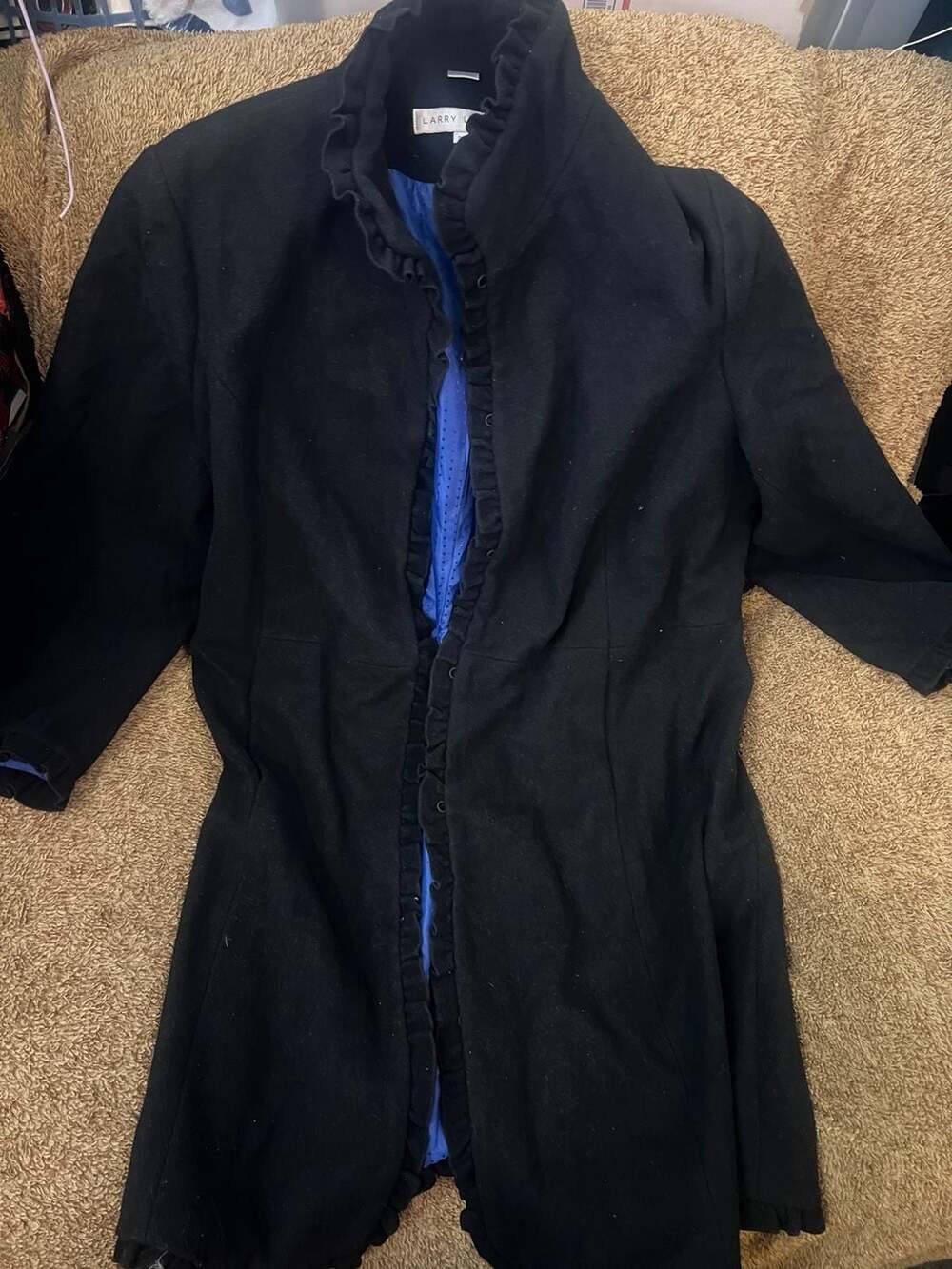 Larry Levine Black Wool Blend Ruffle Trench Coat 2X